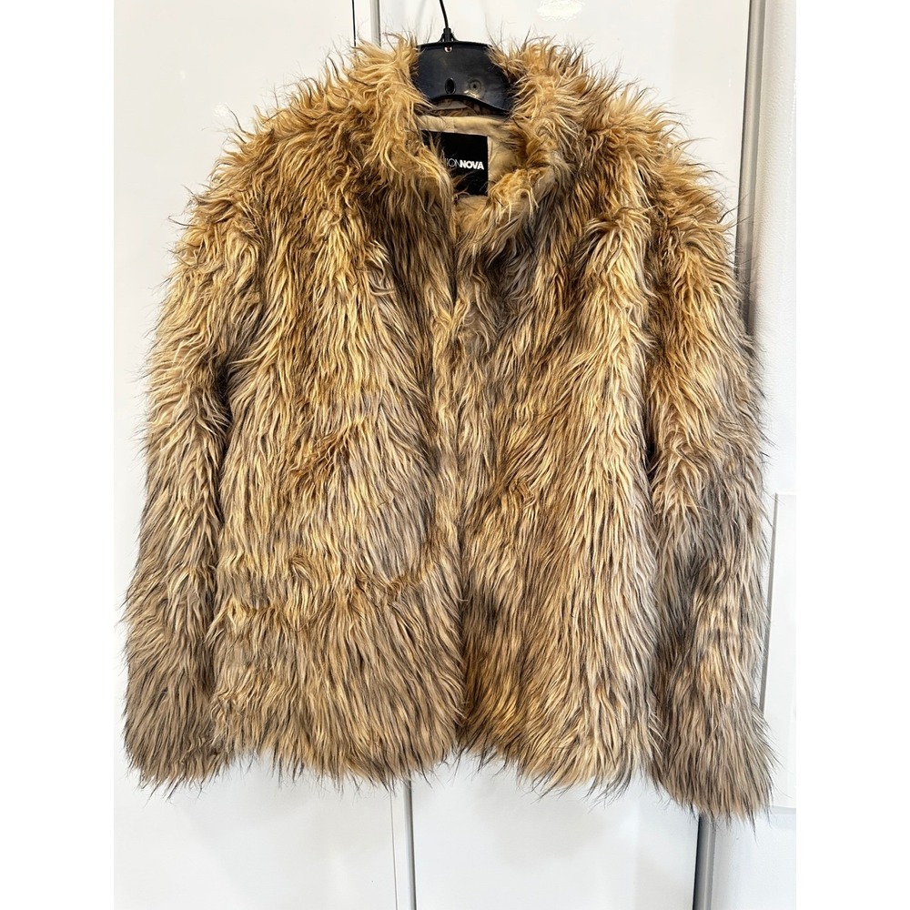 Fashion Nova Faux Fur Jacket 2X Tan Brown Shaggy Open Front Coat FJK02 EXCELLENT